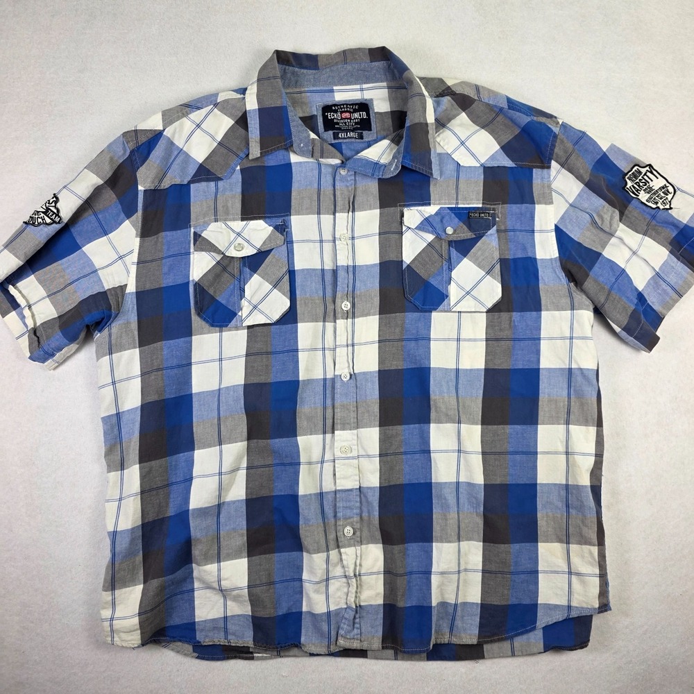 Ecko Unltd 4XL Plaid Button Up Shirt Blue Gray Short Sleeve Streetwear